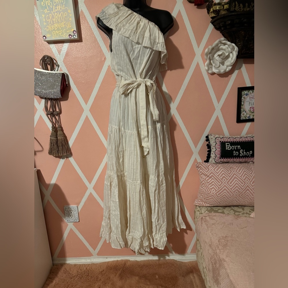 Karina Grimaldi Ivory One-Shoulder Ruffle Maxi Dress